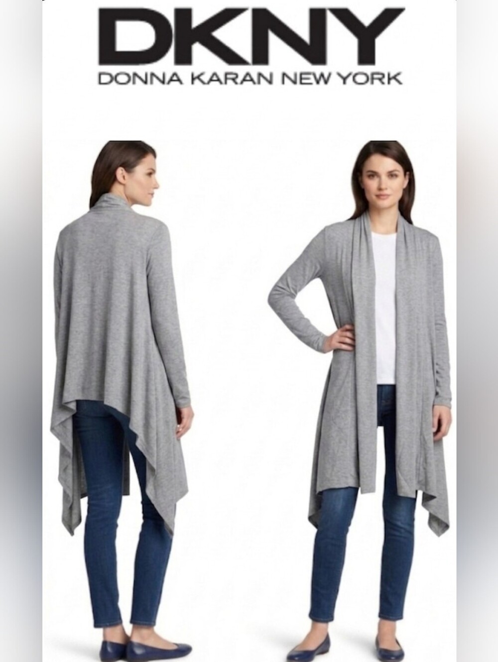 DKNY Cozy Gray Cashmere Silk Open Front Long Cardigan Wrap Duster Sweater P S